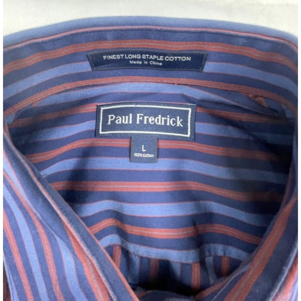 PAUL FREDRICK MENS LARGE BLUE BURGUNDY STRIPED DRESS SHIRT LONG SLEEVE 100% COTT - Picture 7 of 9